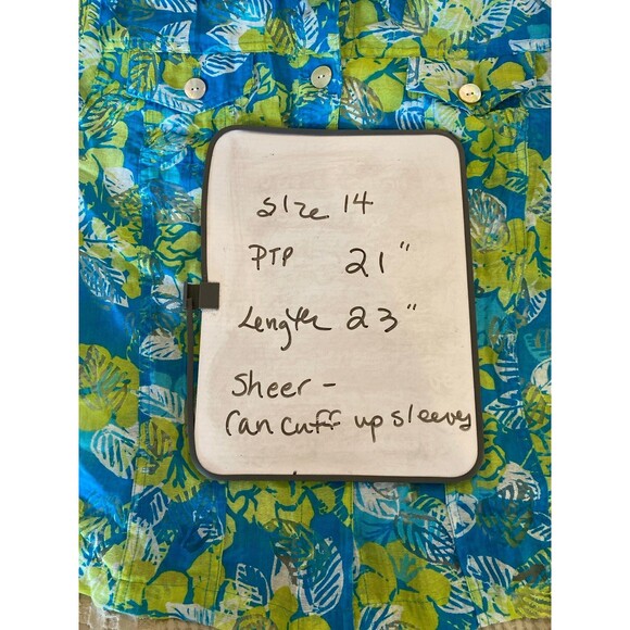 Ruby Rd. Button Down Blouse Sz 14 Turquoise Blue Lime Green Tropical Top Sheer - Picture 10 of 11